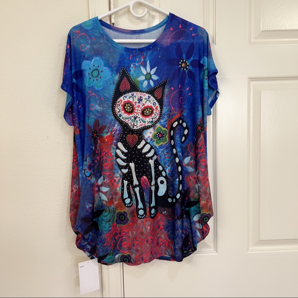 New! Rhinestone Bling Relaxed Fit Stretch Sugar Cat Top —Size S/M